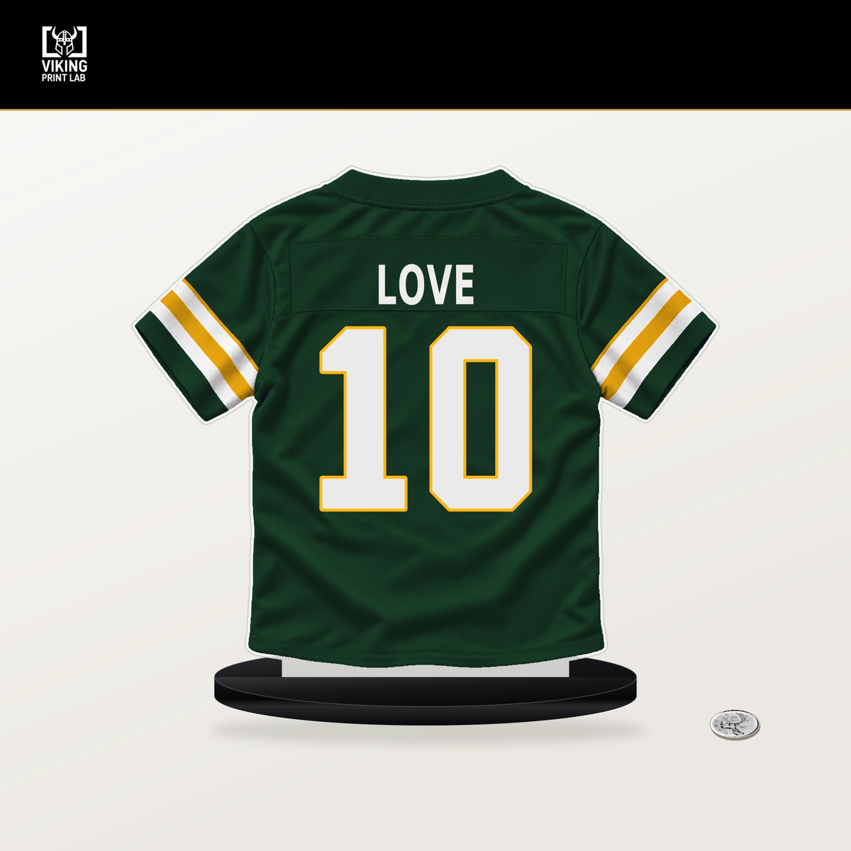 Jordan Love number 10 Green Bay Packers jersey stand with included black base.