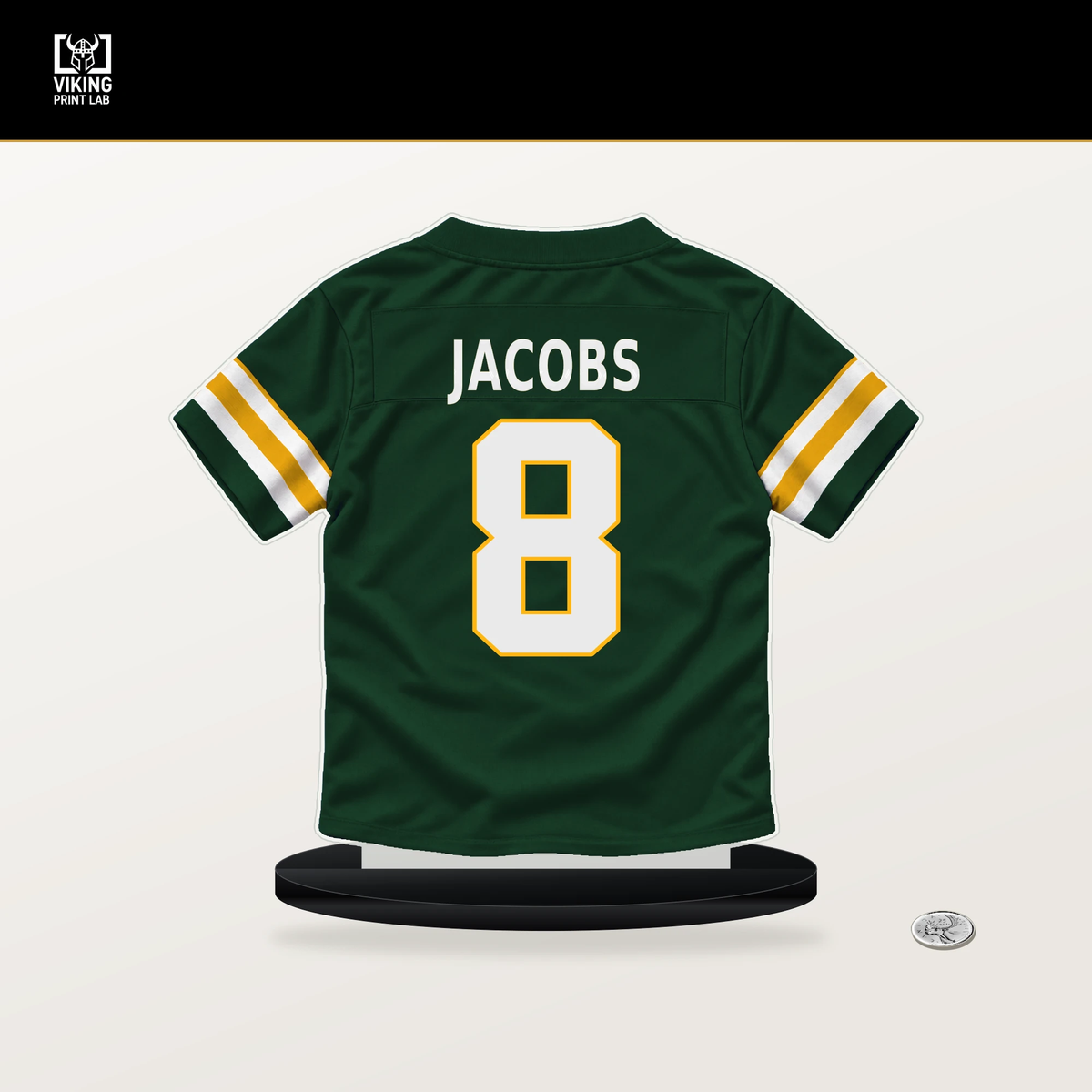 Josh Jacobs number 8 Green Bay Packers jersey stand with included black base.