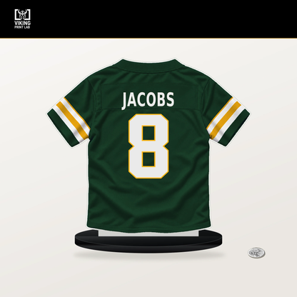 Josh Jacobs number 8 Green Bay Packers jersey stand with included black base.