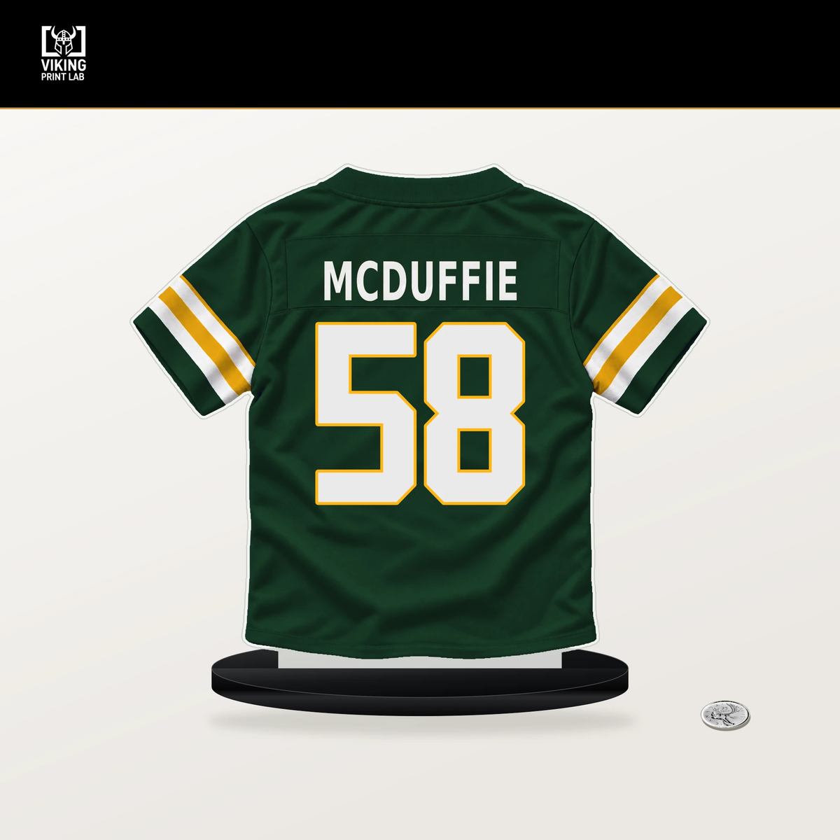 Isaiah McDuffie number 58 Green Bay Packers jersey stand with included black base.