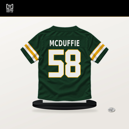 Isaiah McDuffie number 58 Green Bay Packers jersey stand with included black base.