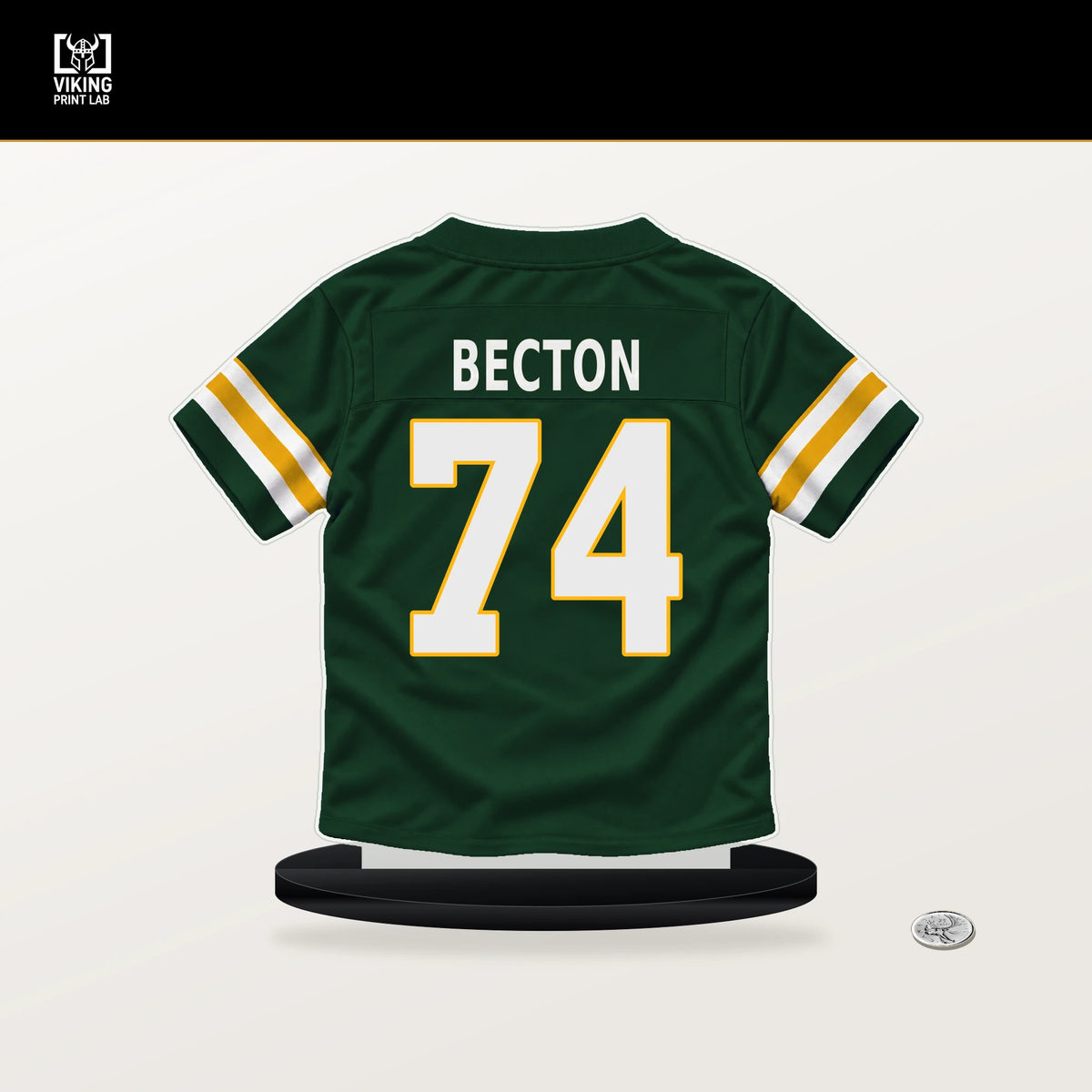 Mekhi Becton number 74 Green Bay Packers jersey stand with included black base.