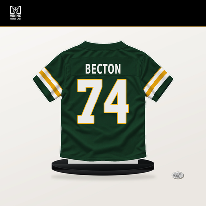 Mekhi Becton number 74 Green Bay Packers jersey stand with included black base.