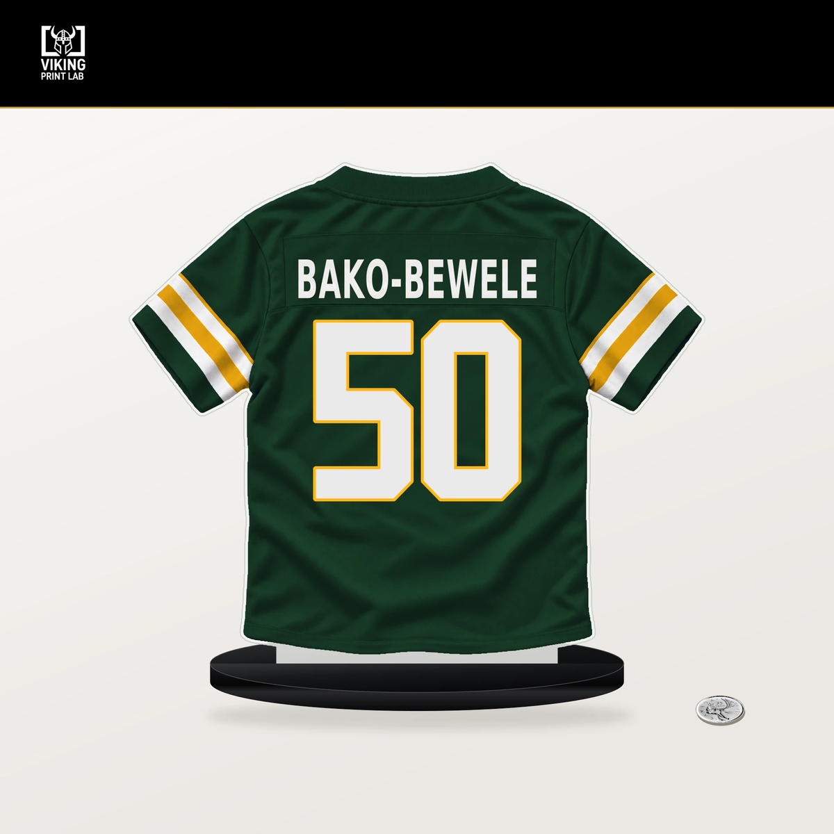 Zach Bako-Bewele number 50 Green Bay Packers jersey stand with included black base.
