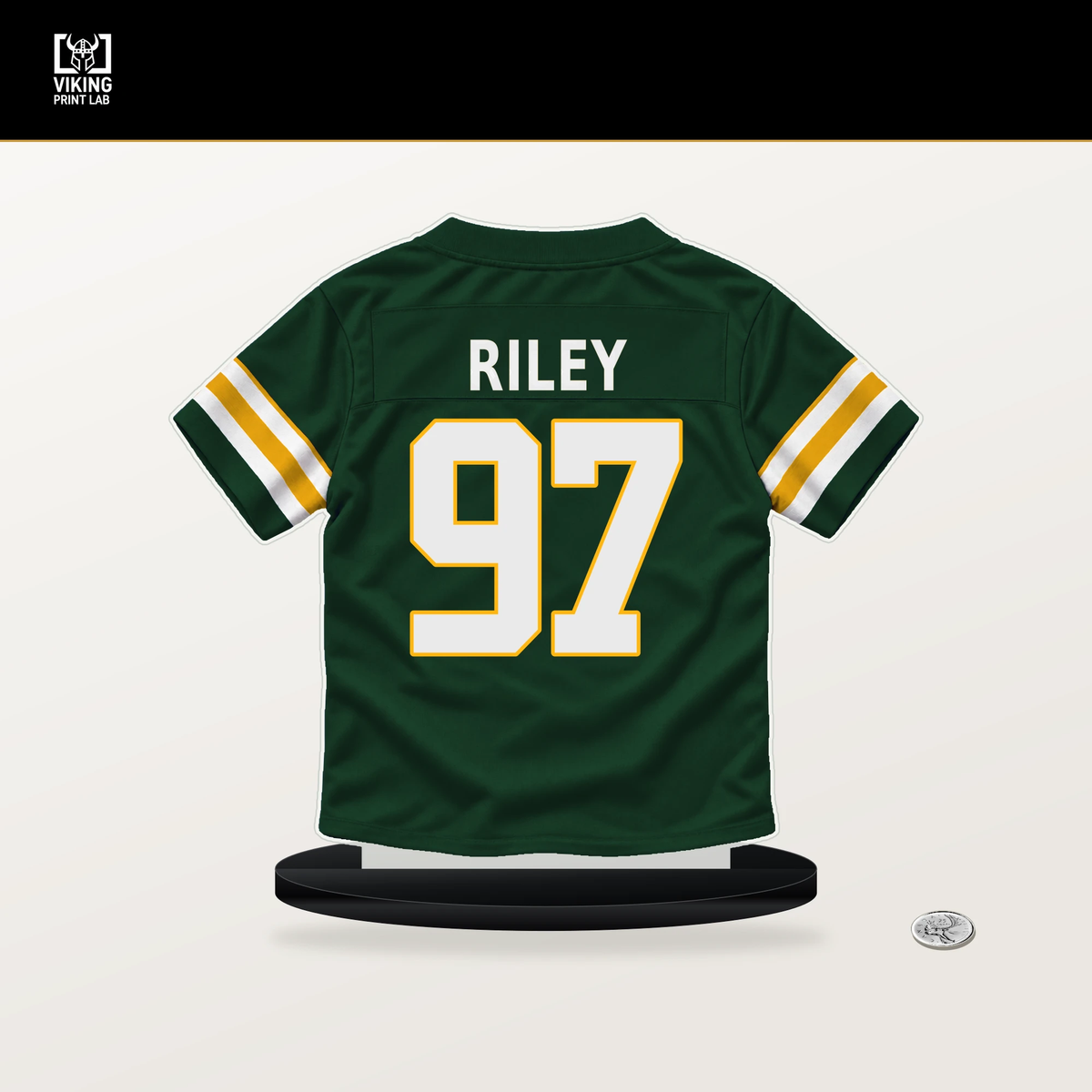 Jordon Riley number 97 Green Bay Packers jersey stand with included black base.