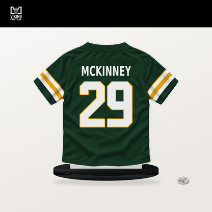 Xavier McKinney number 29 Green Bay Packers jersey stand with included black base.