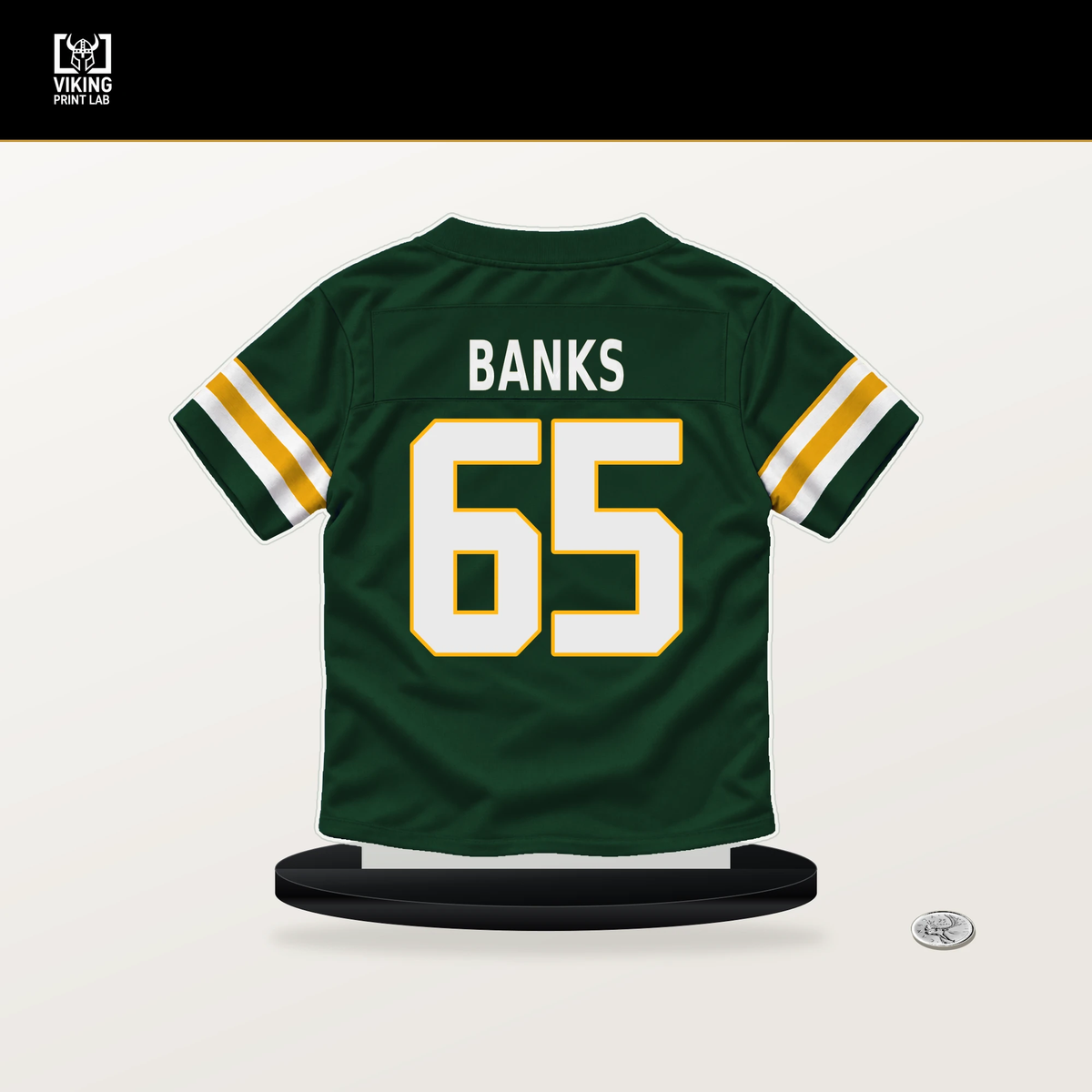 Aaron Banks number 65 Green Bay Packers jersey stand with included black base.