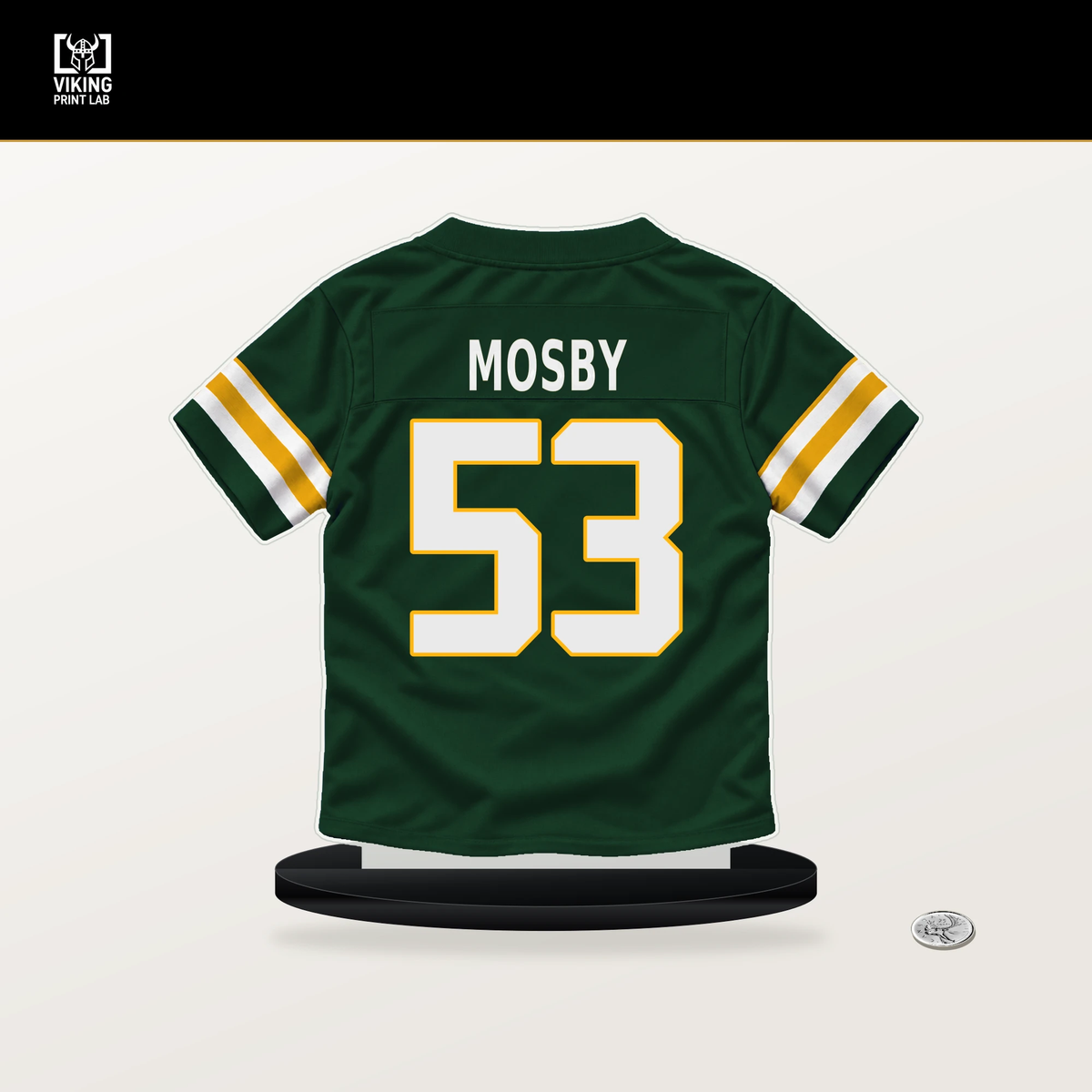 Arron Mosby number 53 Green Bay Packers jersey stand with included black base.