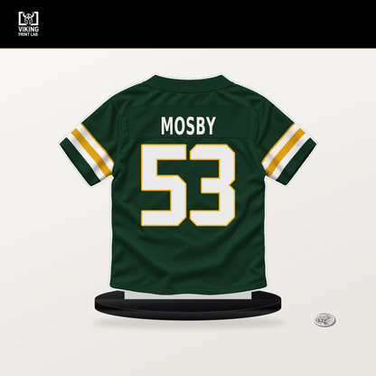 Arron Mosby number 53 Green Bay Packers jersey stand with included black base.