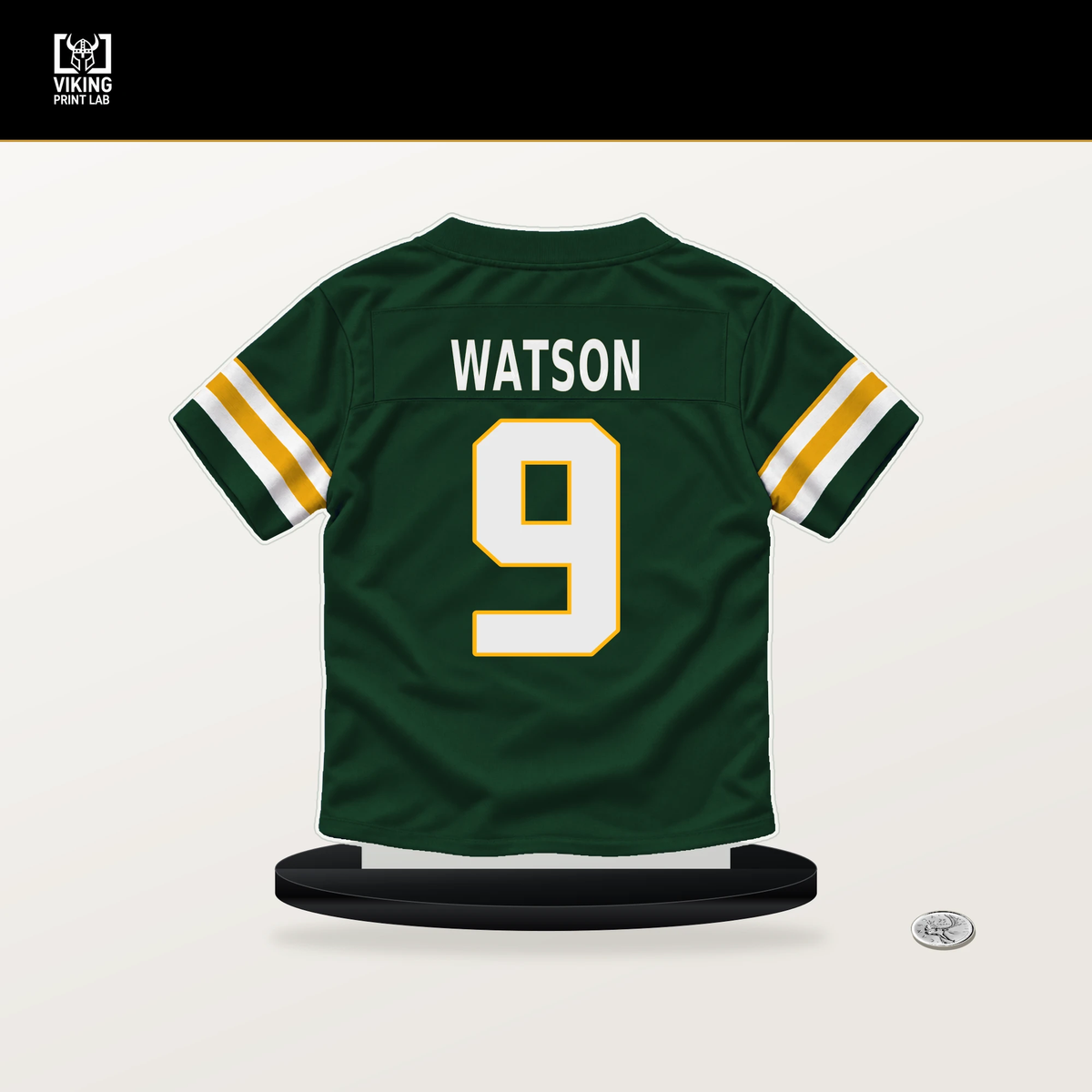 Christian Watson number 9 Green Bay Packers jersey stand with included black base.