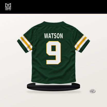 Christian Watson number 9 Green Bay Packers jersey stand with included black base.
