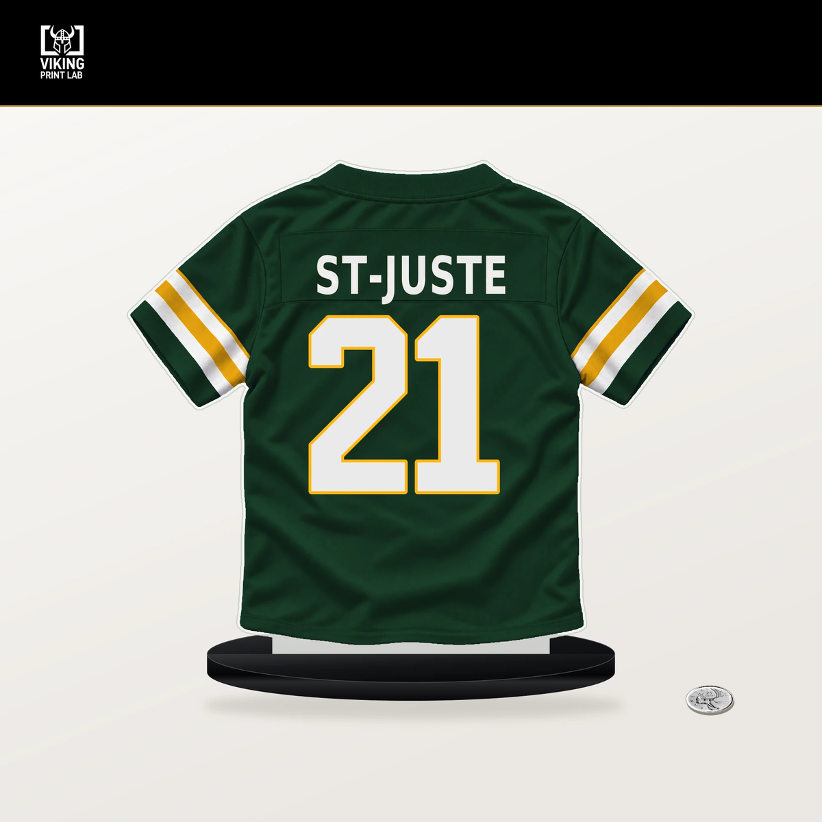 Benjamin St-Juste number 21 Green Bay Packers jersey stand with included black base.