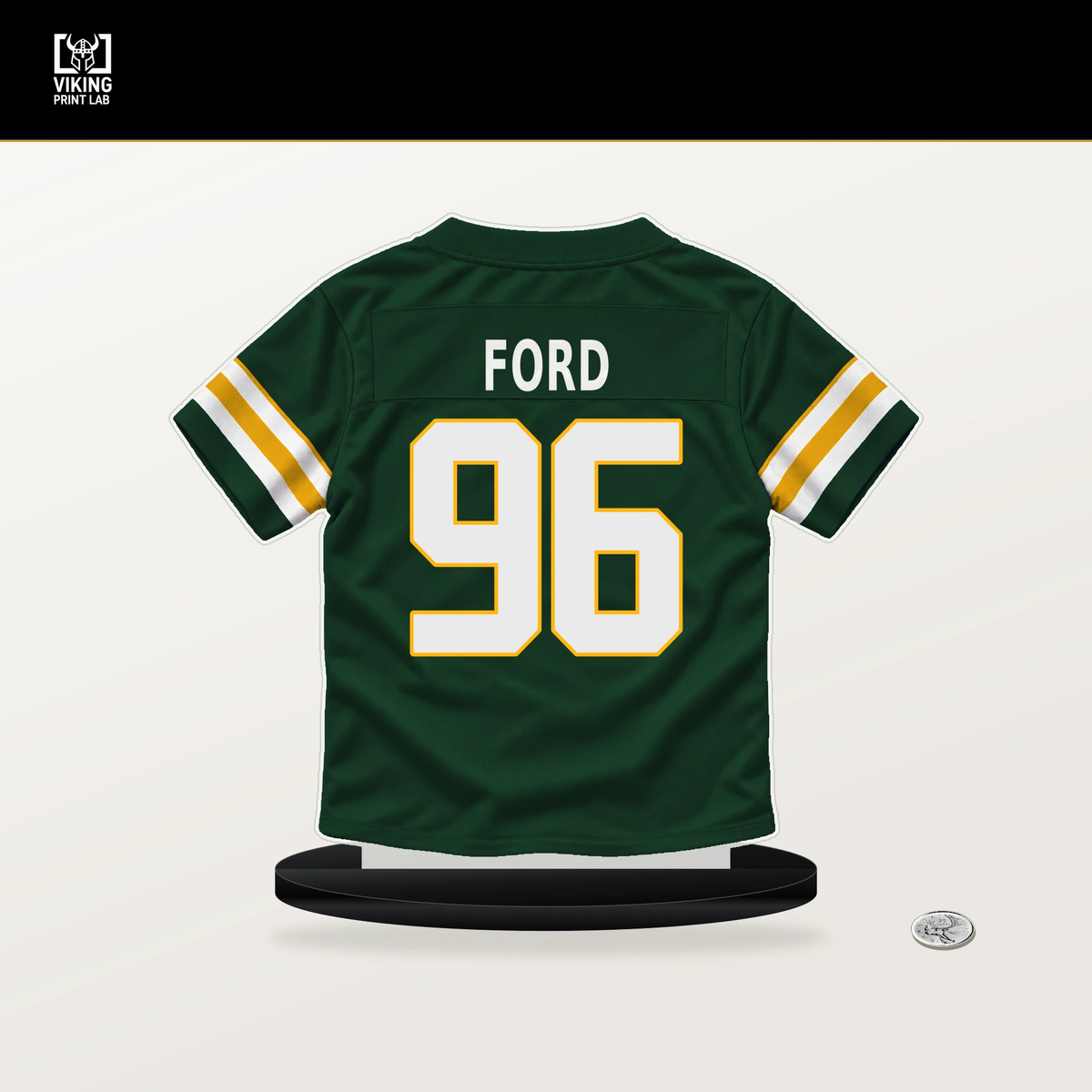 Jonathan Ford number 96 Green Bay Packers jersey stand with included black base.