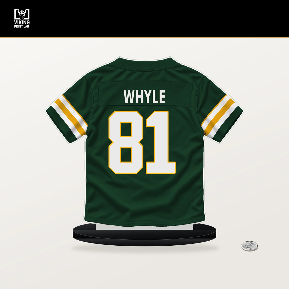 Josh Whyle number 81 Green Bay Packers jersey stand with included black base.