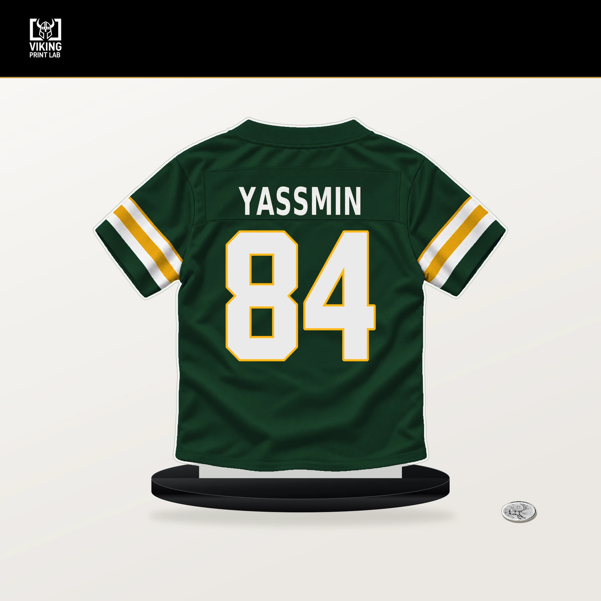 Thomas Yassmin number 84 Green Bay Packers jersey stand with included black base.
