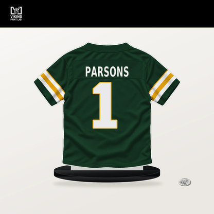 Micah Parsons number 1 Green Bay Packers jersey stand with included black base.