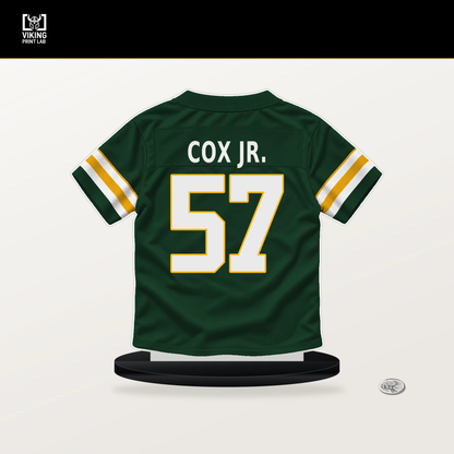Brenton Cox Jr. number 57 Green Bay Packers jersey stand with included black base.