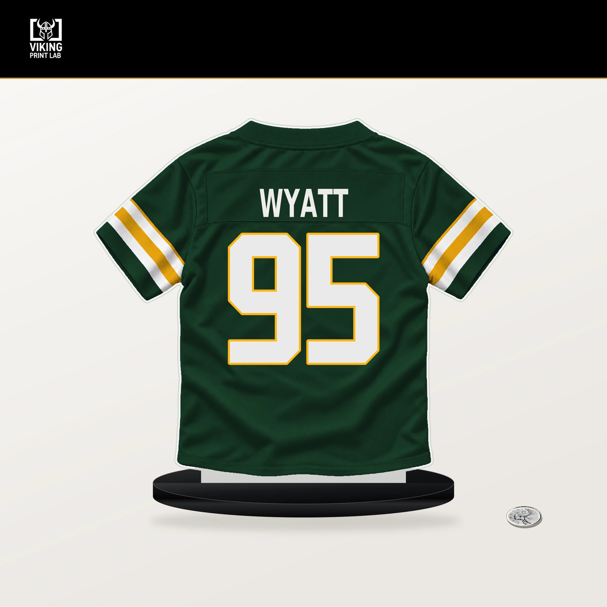 Devonte Wyatt number 95 Green Bay Packers jersey stand with included black base.