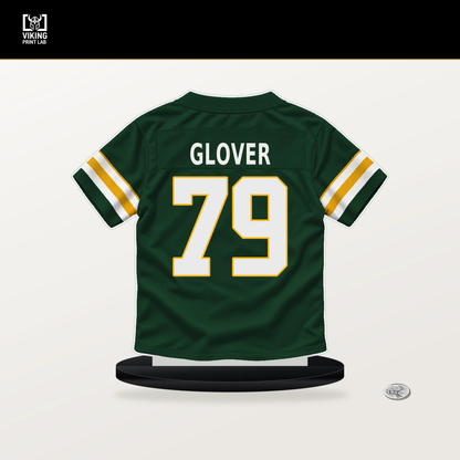 Travis Glover number 79 Green Bay Packers jersey stand with included black base.