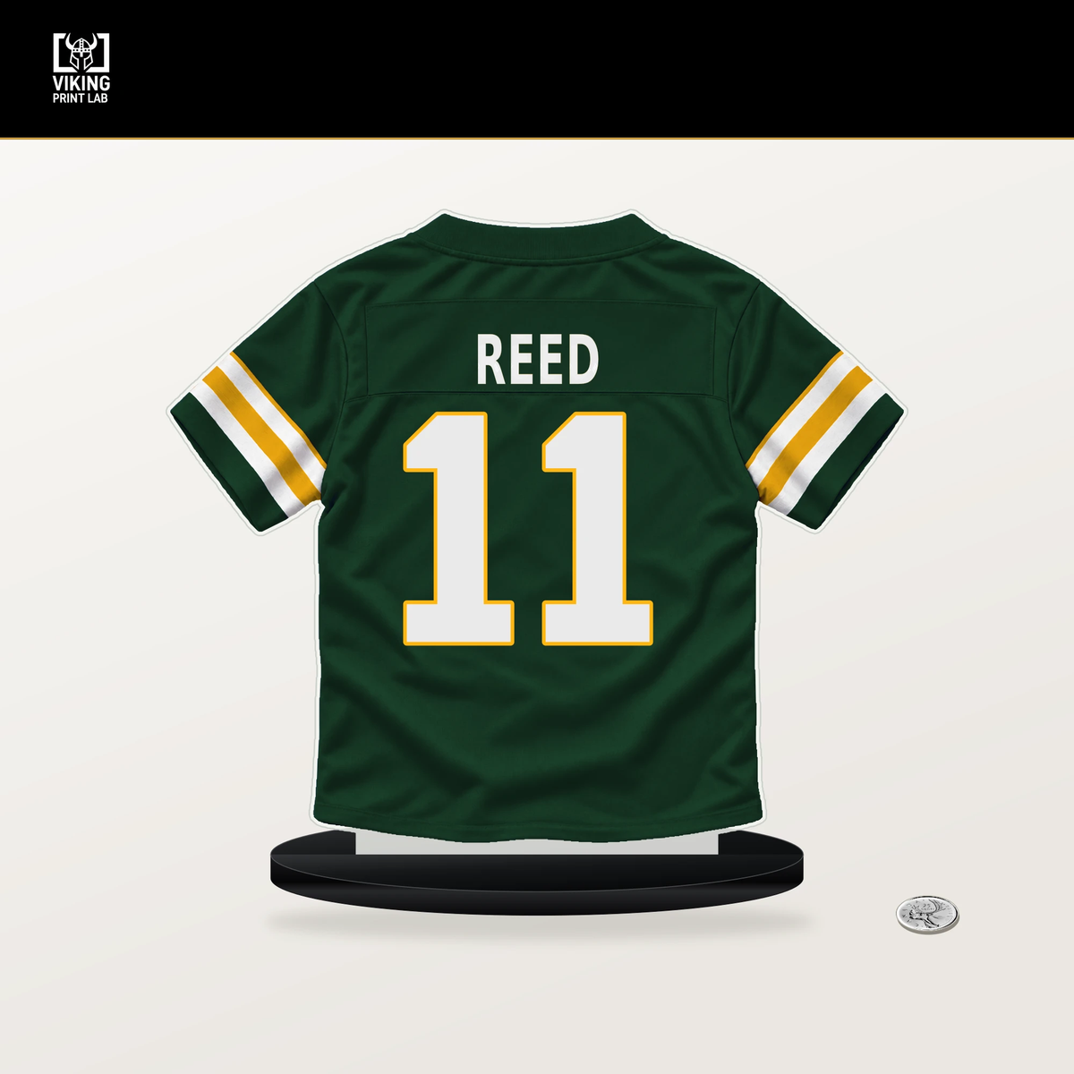 Jayden Reed number 11 Green Bay Packers jersey stand with included black base.
