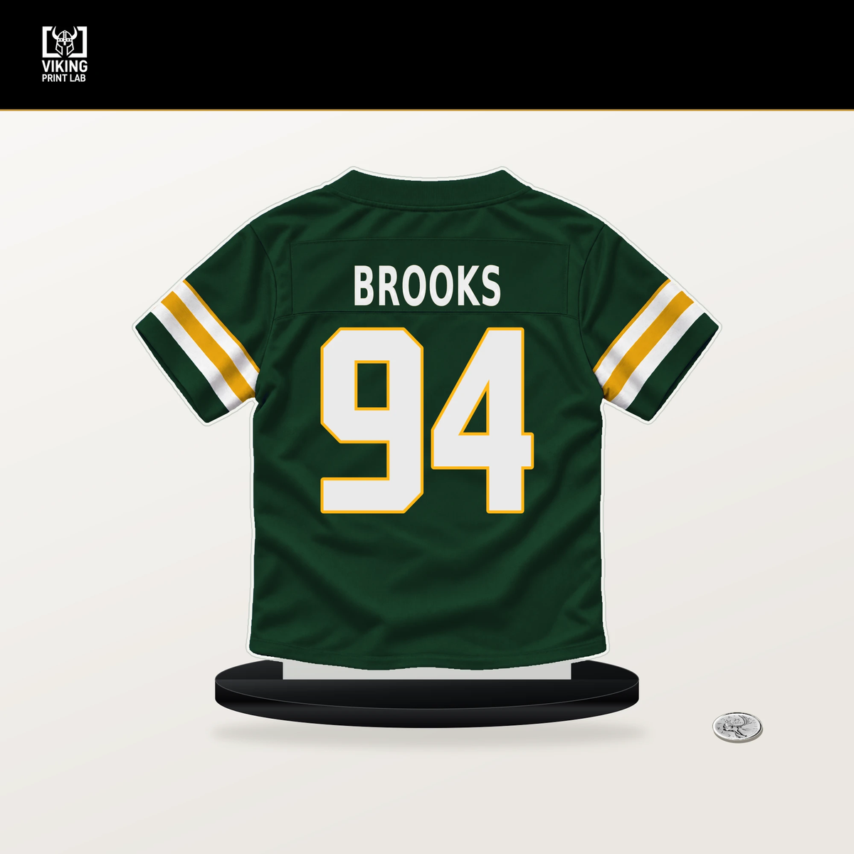 Karl Brooks number 94 Green Bay Packers jersey stand with included black base.