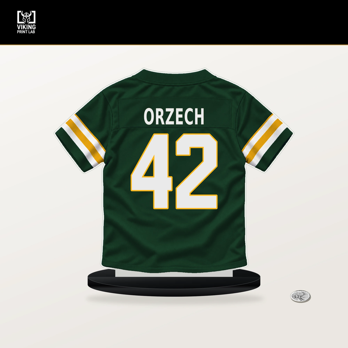 Matt Orzech number 42 Green Bay Packers jersey stand with included black base.