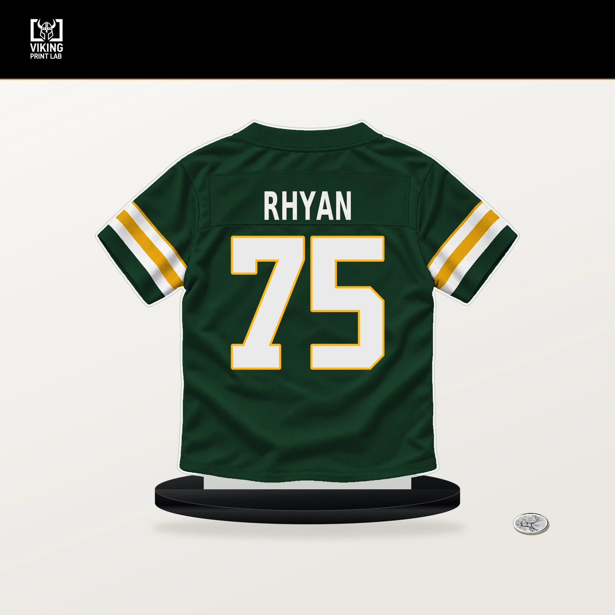 Sean Rhyan number 75 Green Bay Packers jersey stand with included black base.
