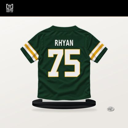 Sean Rhyan number 75 Green Bay Packers jersey stand with included black base.