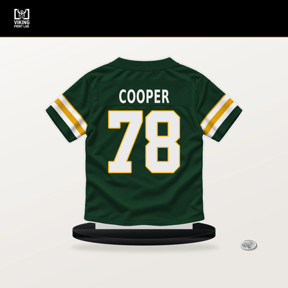Dalton Cooper number 78 Green Bay Packers jersey stand with included black base.
