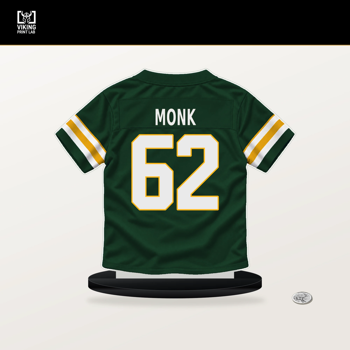 Jacob Monk number 62 Green Bay Packers jersey stand with included black base.