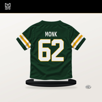 Jacob Monk number 62 Green Bay Packers jersey stand with included black base.