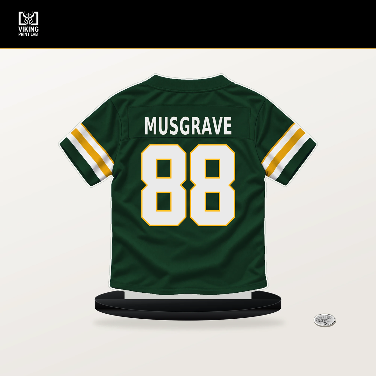 Luke Musgrave number 88 Green Bay Packers jersey stand with included black base.