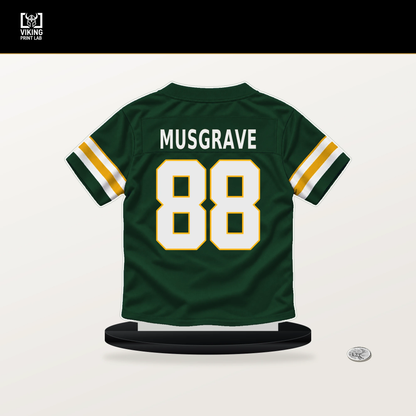 Luke Musgrave number 88 Green Bay Packers jersey stand with included black base.