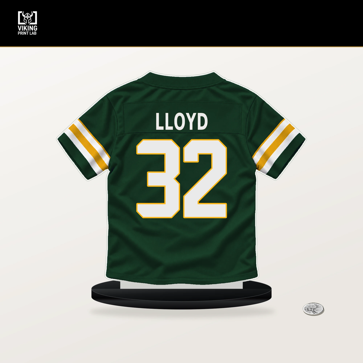 MarShawn Lloyd number 32 Green Bay Packers jersey stand with included black base.