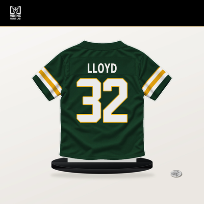 MarShawn Lloyd number 32 Green Bay Packers jersey stand with included black base.