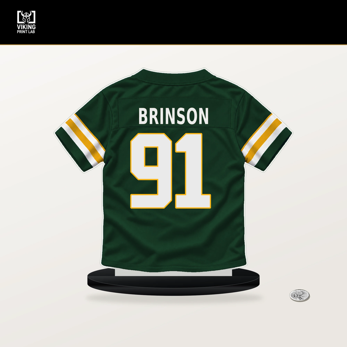 Warren Brinson number 91 Green Bay Packers jersey stand with included black base.