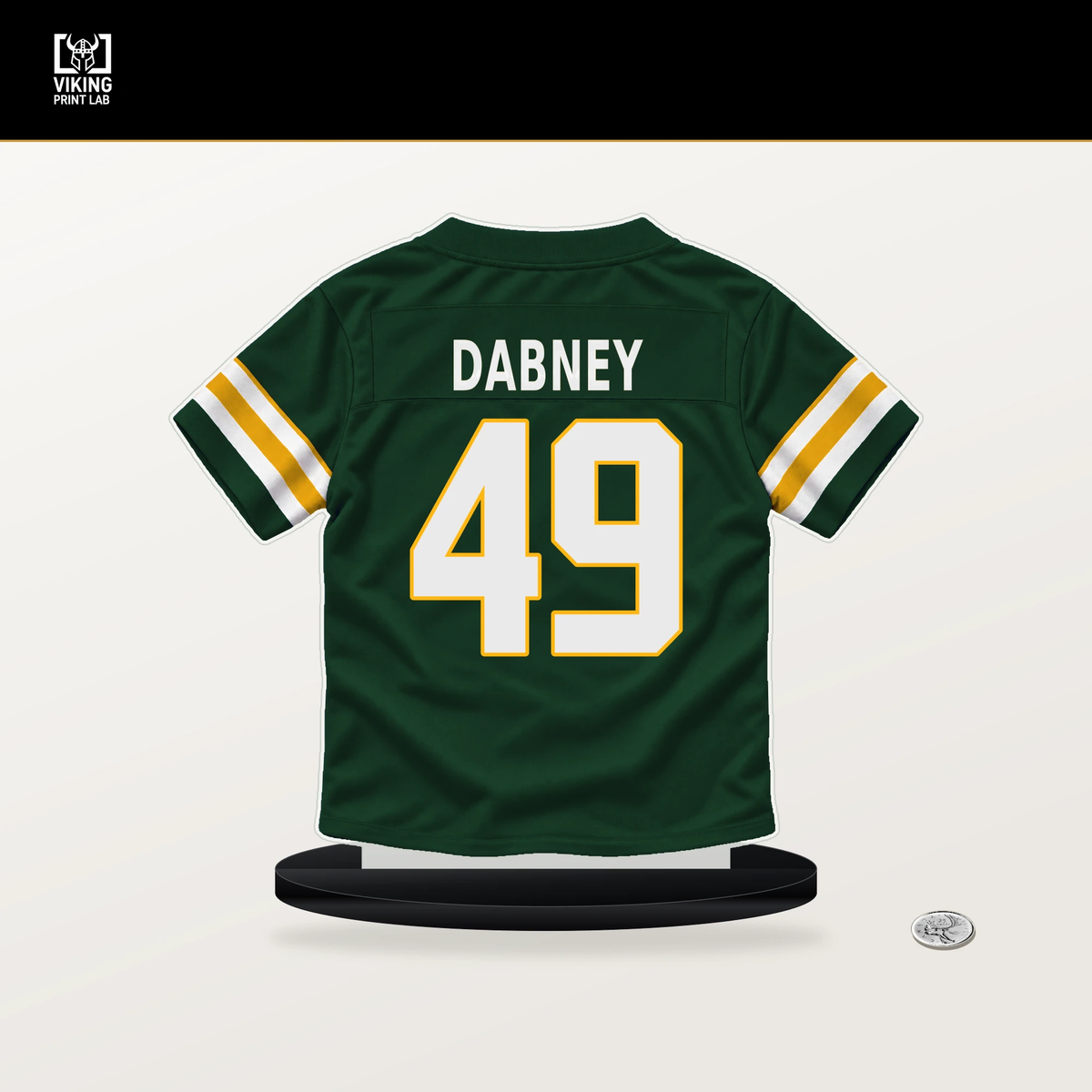 Drake Dabney number 49 Green Bay Packers jersey stand with included black base.