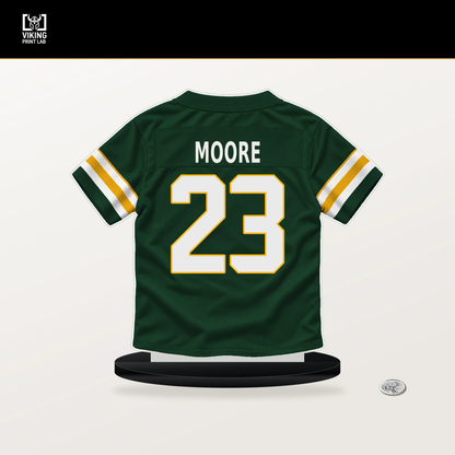 Skyy Moore number 23 Green Bay Packers jersey stand with included black base.
