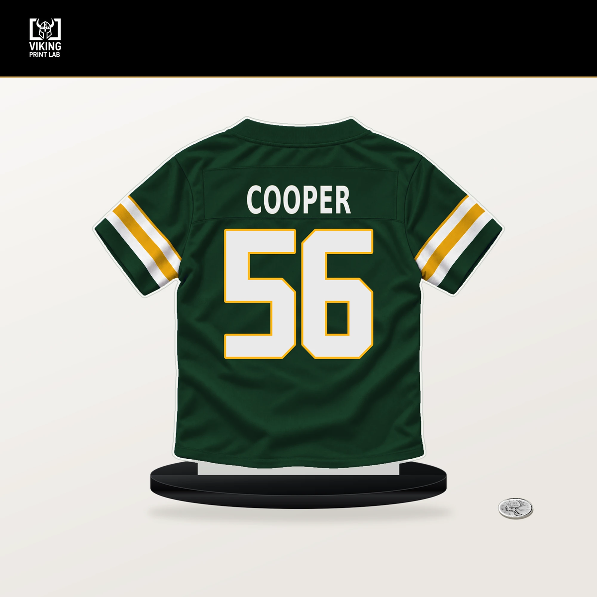 Edgerrin Cooper number 56 Green Bay Packers jersey stand with included black base.