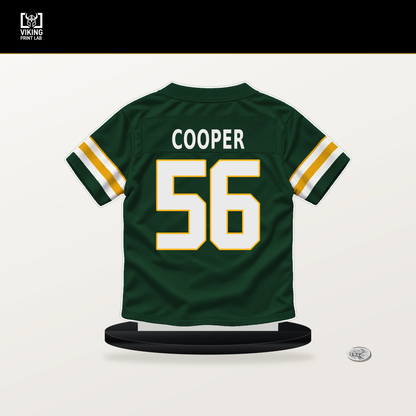 Edgerrin Cooper number 56 Green Bay Packers jersey stand with included black base.