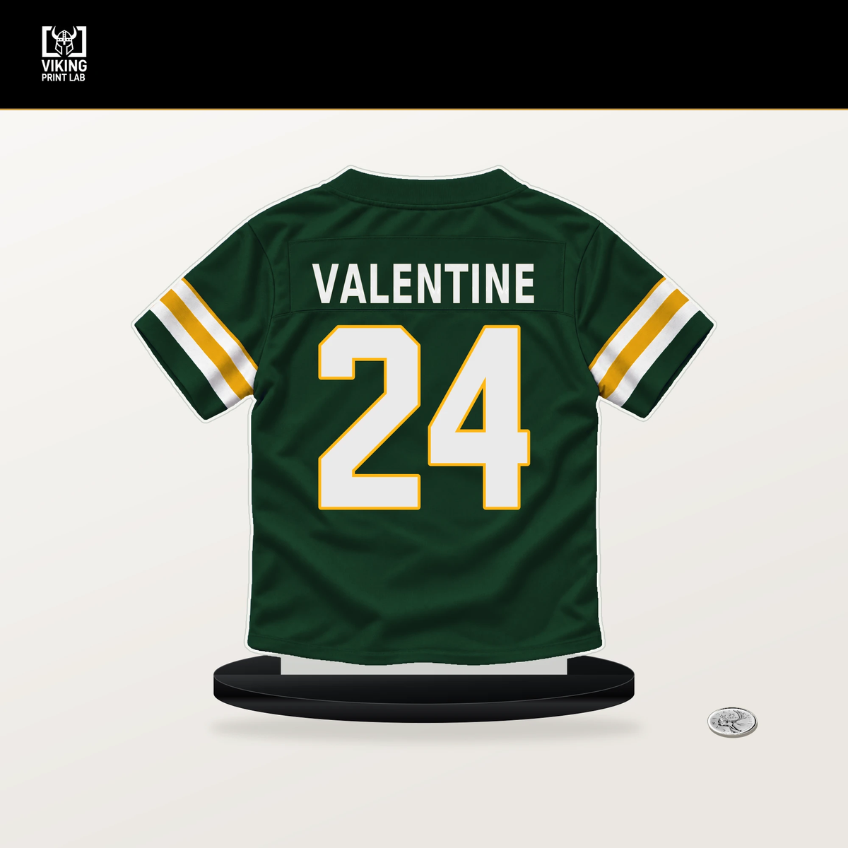 Carrington Valentine number 24 Green Bay Packers jersey stand with included black base.