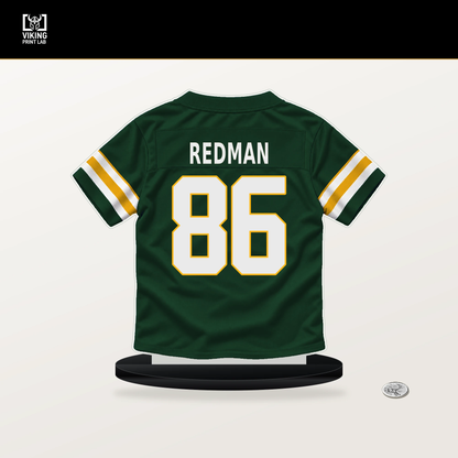 Mark Redman number 86 Green Bay Packers jersey stand with included black base.