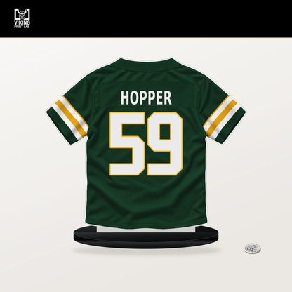 Ty'Ron Hopper number 59 Green Bay Packers jersey stand with included black base.