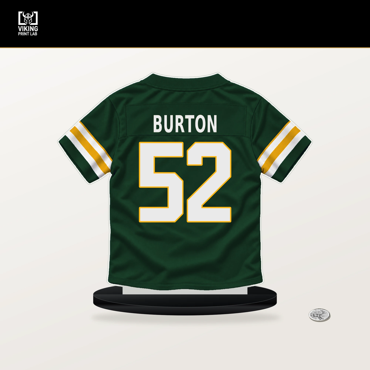 Jager Burton number 52 Green Bay Packers jersey stand with included black base.