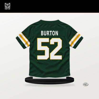 Jager Burton number 52 Green Bay Packers jersey stand with included black base.