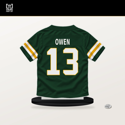 Coleman Owen number 13 Green Bay Packers jersey stand with included black base.