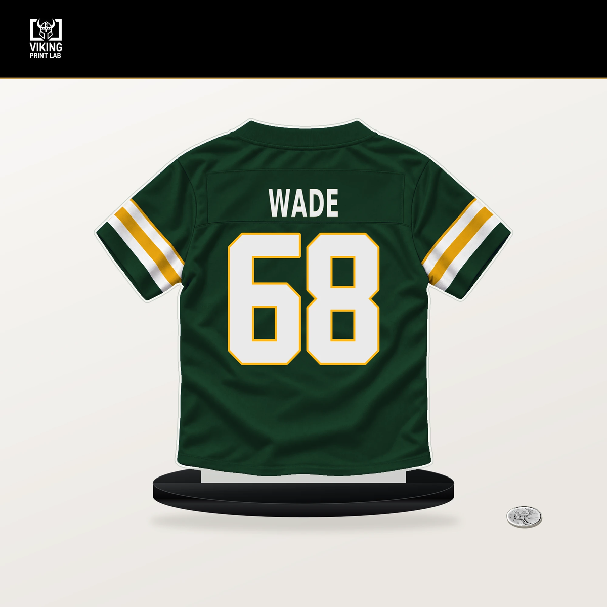 Dillon Wade number 68 Green Bay Packers jersey stand with included black base.