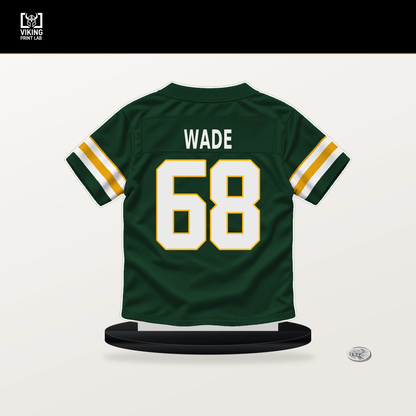 Dillon Wade number 68 Green Bay Packers jersey stand with included black base.