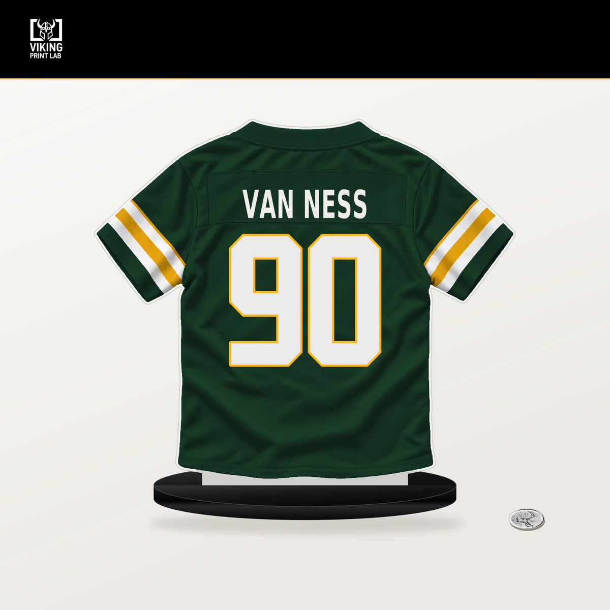 Lukas Van Ness number 90 Green Bay Packers jersey stand with included black base.