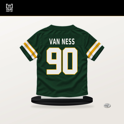 Lukas Van Ness number 90 Green Bay Packers jersey stand with included black base.